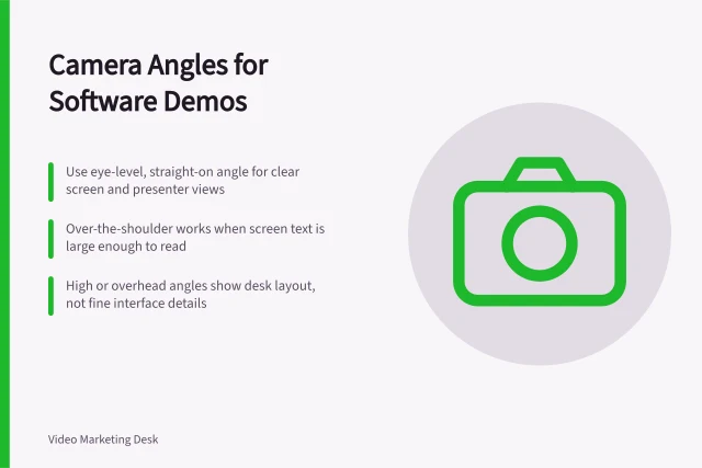 Camera Angles for Software Demos: Use eye-level, straight-on angle for clear screen and presenter views; Over-the-shoulder works when screen text is large enough to read; High or overhead angles show desk layout, not fine interface details. Choosing a camera angle for a software demonstration