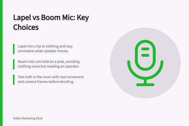 Lapel vs Boom Mic: Key Choices: Lapel mics clip to clothing and stay consistent when speaker moves.; Boom mics are held on a pole, avoiding clothing noise but needing an operator.; Test both in the room with real movement and camera frames before deciding. Choosing between a lapel microphone and a boom microphone