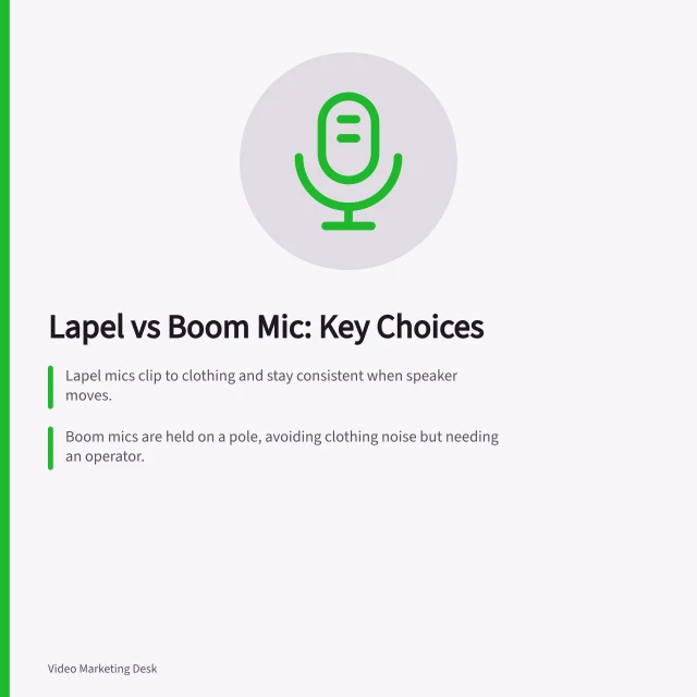 Lapel vs Boom Mic: Key Choices: Lapel mics clip to clothing and stay consistent when speaker moves.; Boom mics are held on a pole, avoiding clothing noise but needing an operator.; Test both in the room with real movement and camera frames before deciding. Choosing between a lapel microphone and a boom microphone