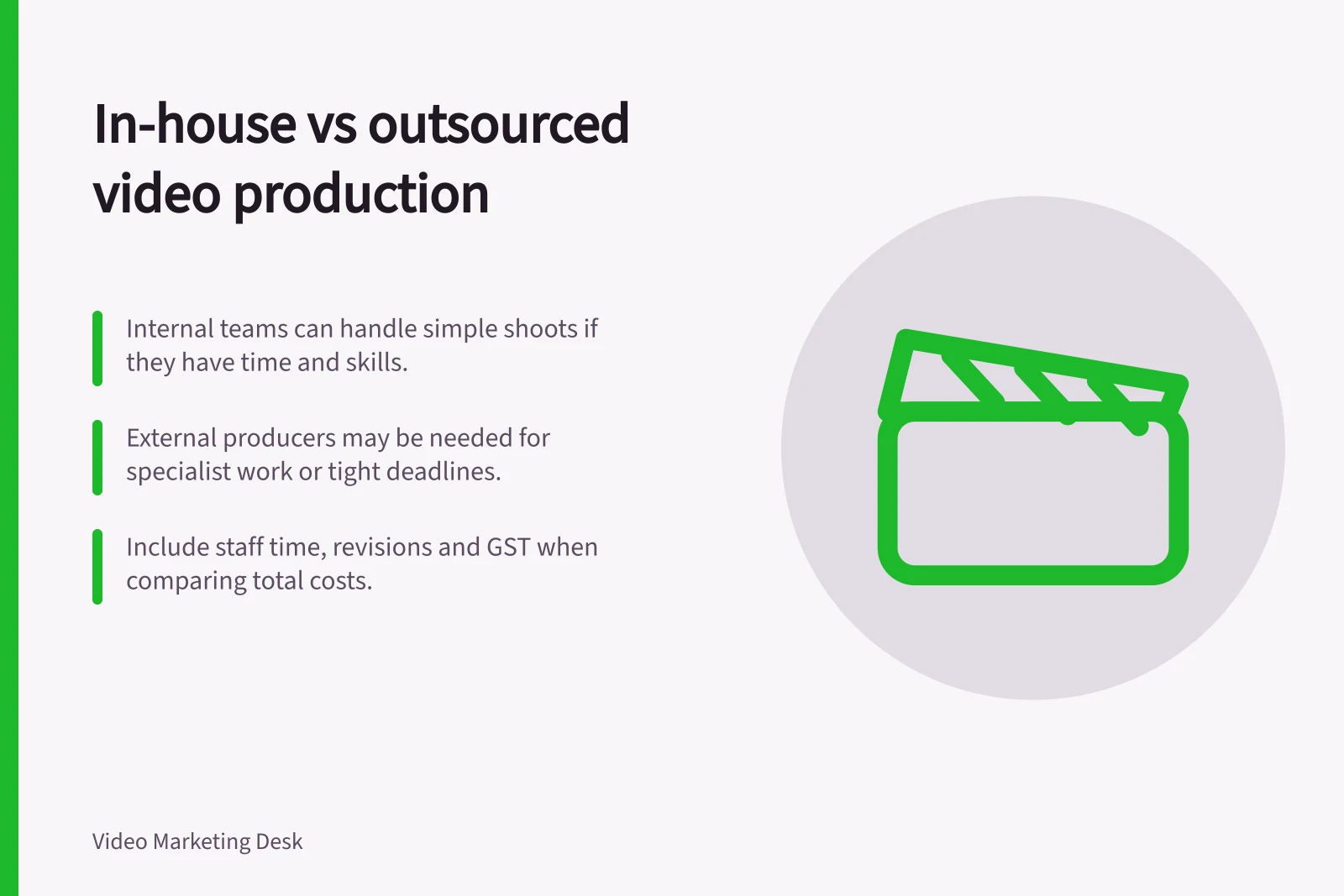 In-house vs outsourced video production: Internal teams can handle simple shoots if they have time and skills.; External producers may be needed for specialist work or tight deadlines.; Include staff time, revisions and GST when comparing total costs.