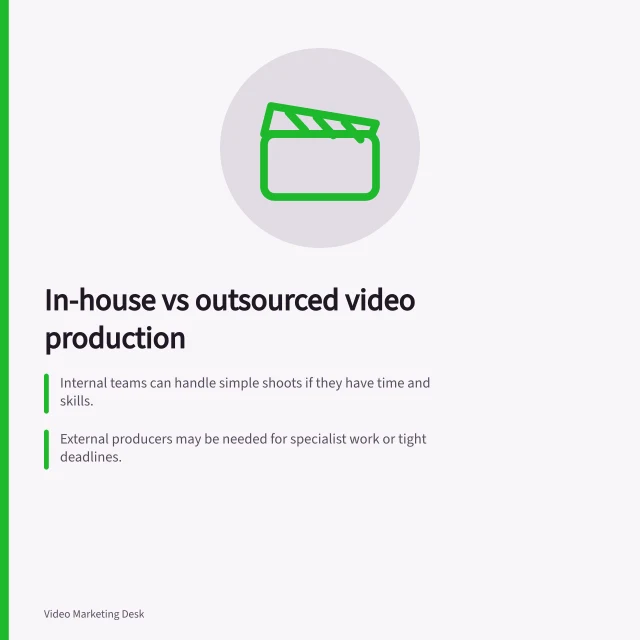 In-house vs outsourced video production: Internal teams can handle simple shoots if they have time and skills.; External producers may be needed for specialist work or tight deadlines.; Include staff time, revisions and GST when comparing total costs. Comparing a small in-house shoot with outsourced production