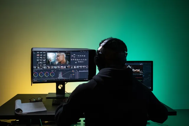 A video editor works on dual monitors with headphones, focusing on color correction. Editing business videos for clarity