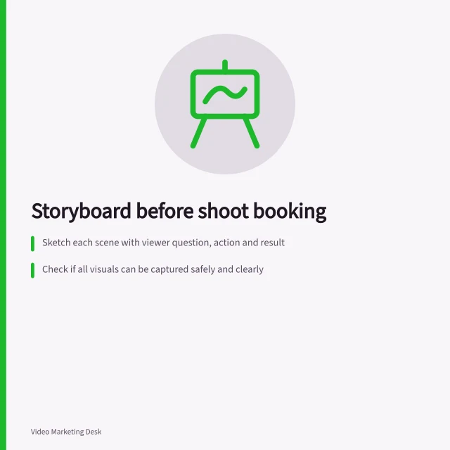 Storyboard before shoot booking: Sketch each scene with viewer question, action and result; Check if all visuals can be captured safely and clearly; Mark essential shots and confirm external assets are available. Planning a storyboard before booking a shoot