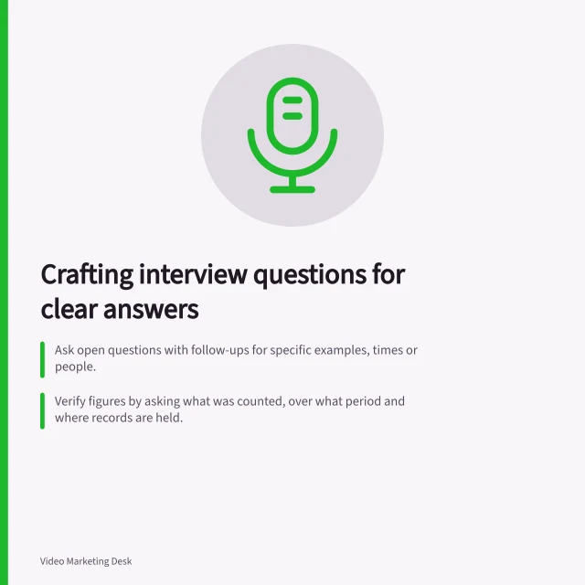 Crafting interview questions for clear answers: Ask open questions with follow-ups for specific examples, times or people.; Verify figures by asking what was counted, over what period and where records are held.; Capture conditions like trial teams or training to qualify each answer. Preparing interview questions that produce specific answers