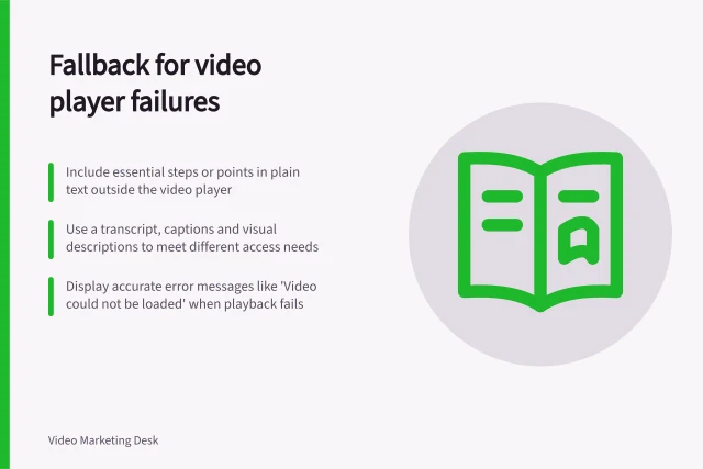 Fallback for video player failures: Include essential steps or points in plain text outside the video player; Use a transcript, captions and visual descriptions to meet different access needs; Display accurate error messages like 'Video could not be loaded' when playback fails. Providing a fallback when a video player cannot load