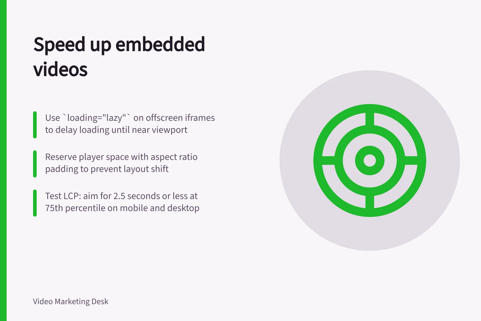 Speed up embedded videos: Use `loading="lazy"` on offscreen iframes to delay loading until near viewport; Reserve player space with aspect ratio padding to prevent layout shift; Test LCP: aim for 2.5 seconds or less at 75th percentile on mobile and desktop