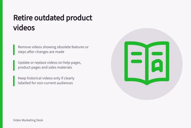 Retire outdated product videos: Remove videos showing obsolete features or steps after changes are made; Update or replace videos on help pages, product pages and sales materials; Keep historical videos only if clearly labelled for non-current audiences. Retiring videos with obsolete product information